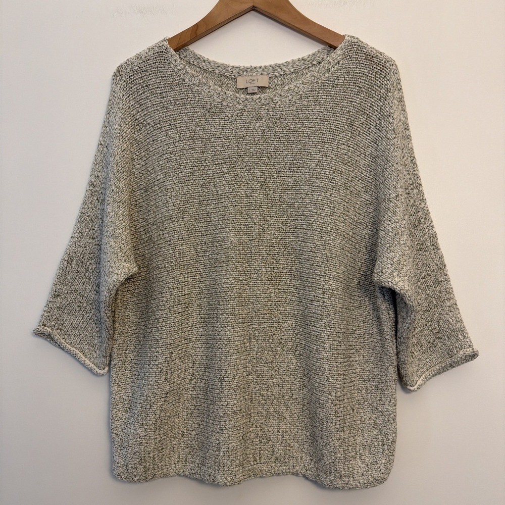 LOFT Outlet Knit Pullover Top Sweater Size L Gray Ivory 3/4 Career Cotton Blend - Picture 12 of 16
